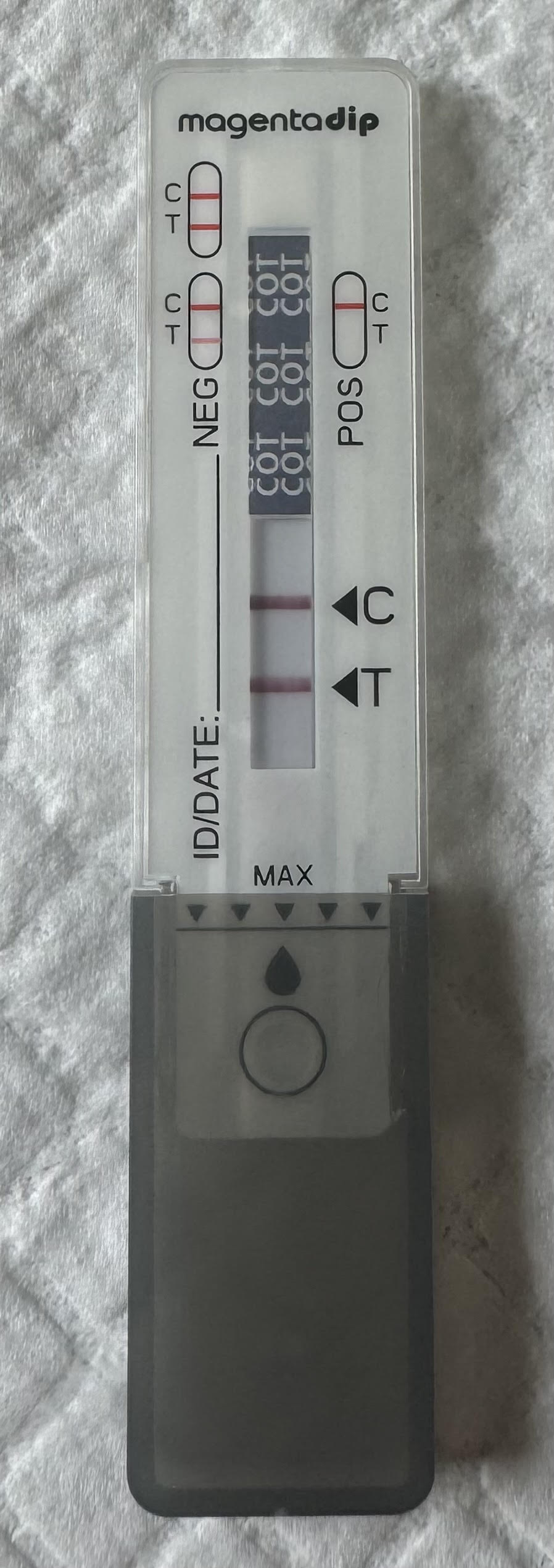 An at-home nicotine (cotinine) test showing a negative result