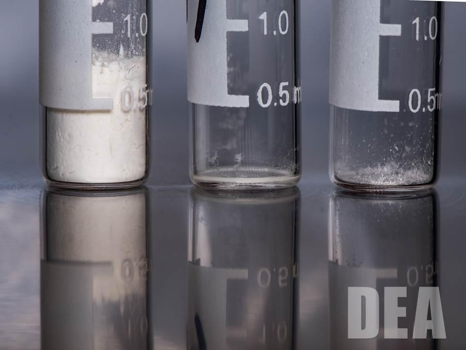 Heroin, Fentanyl and Carfentanil Lethal Dose Comparison (from left to right, respectively) -Photo courtesy of DEA